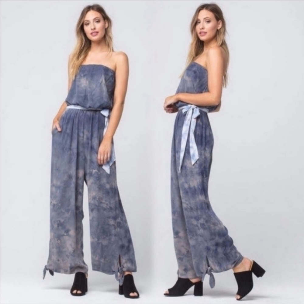 Free People Just Float Strapless Blue and Purple Tie Dye Jumpsuit